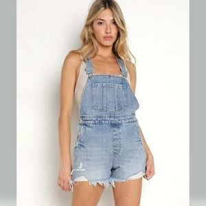 Rollas Original Short High Rise Cut Off‎ Denim Overalls Light Wash Blue Size 28